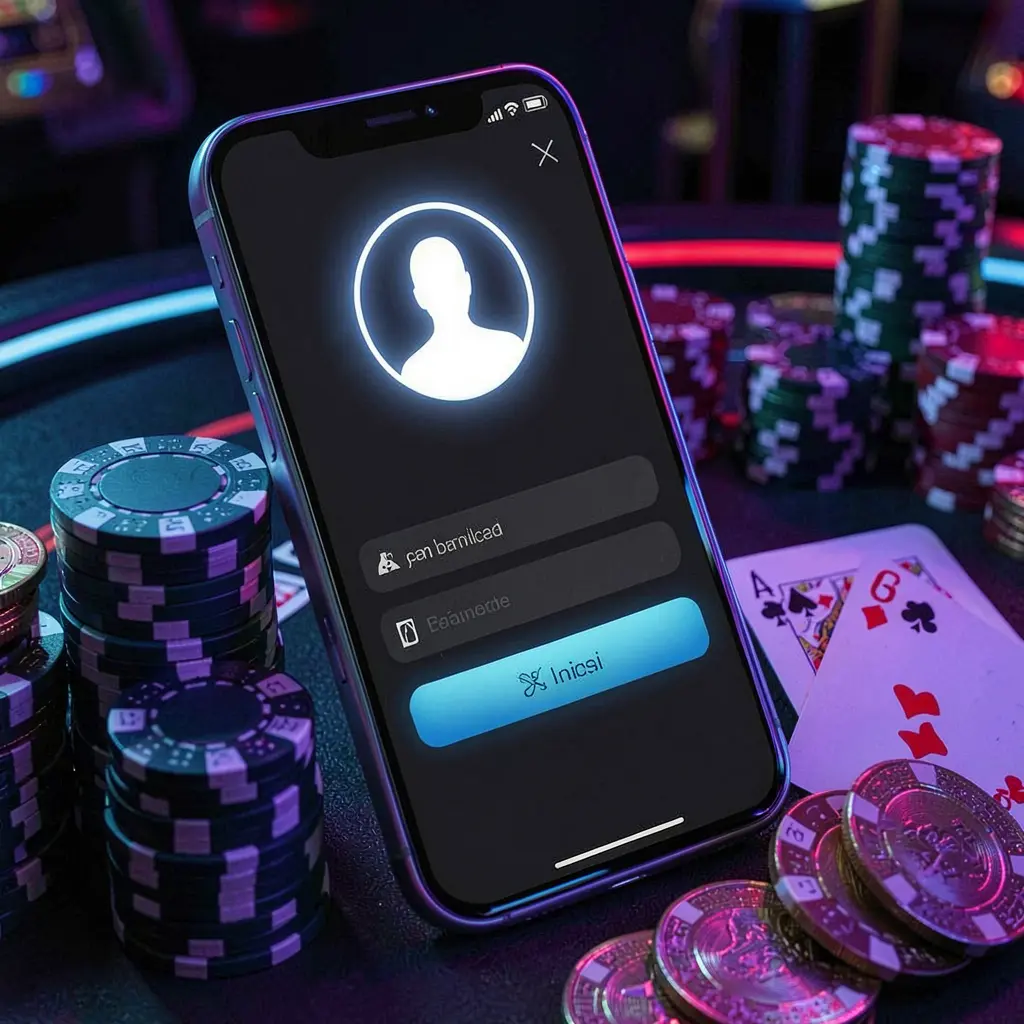 Bhagya88 casino app login scene on smartphone with glowing user profile icon, poker chips, playing cards, and coins on elegant dark background with neon highlights