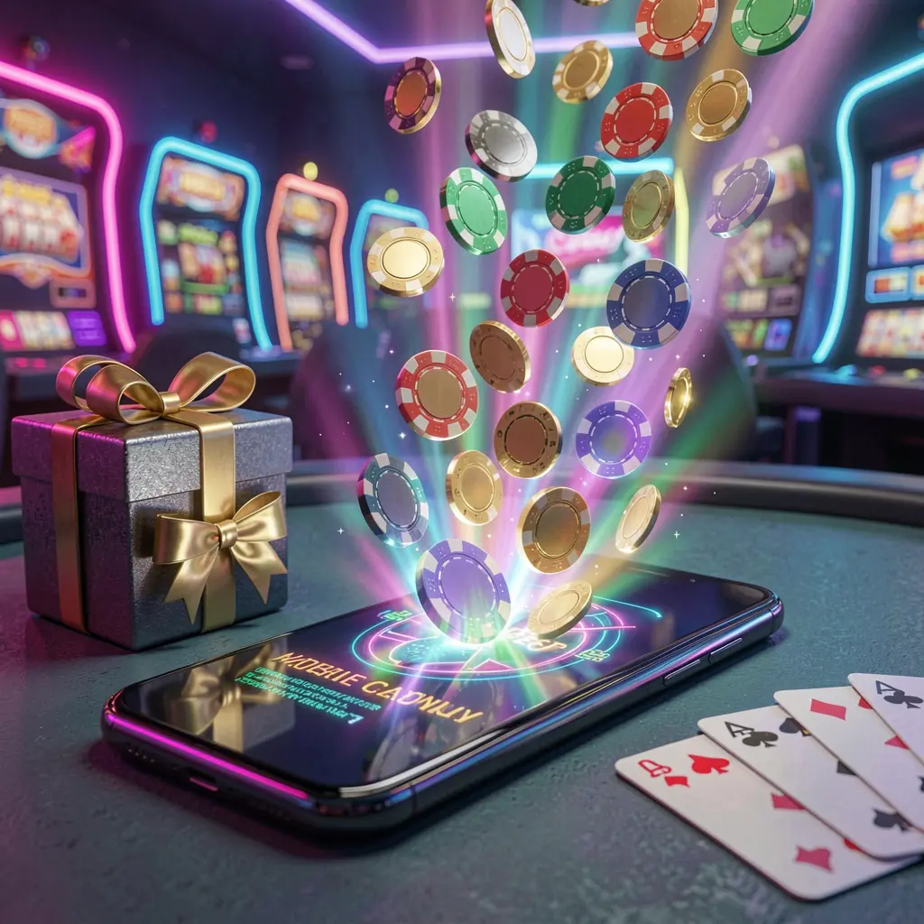 Modern smartphone displaying glowing casino chips and coins emerging from the screen in a bright neon casino atmosphere with a gift box and playing cards nearby, showcasing Bhagya88 mobile casino bonus scene