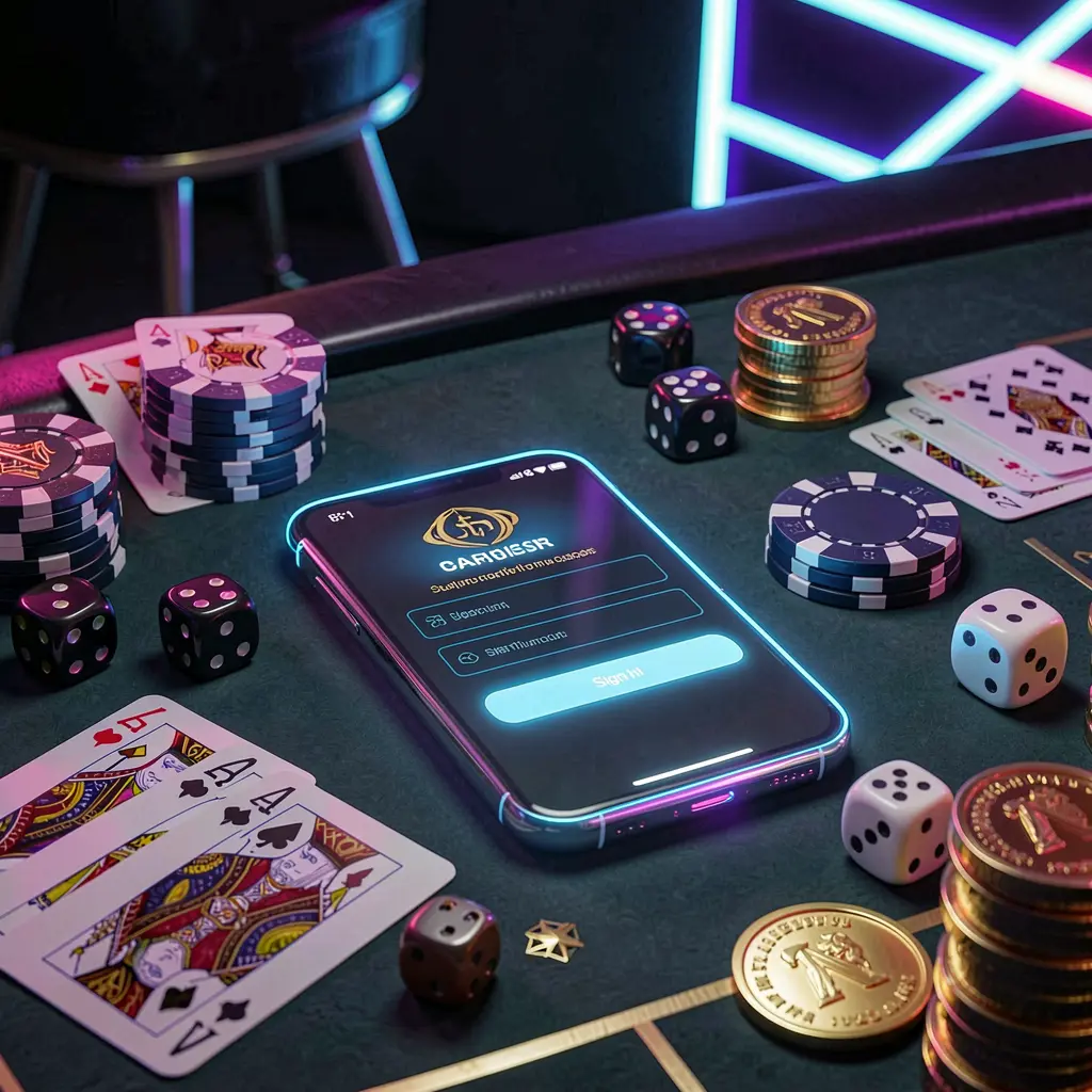 Bhagya88 casino account sign in scene with a glowing smartphone on a casino table surrounded by cards, chips, dice, and gold coins against an elegant dark background with neon highlights