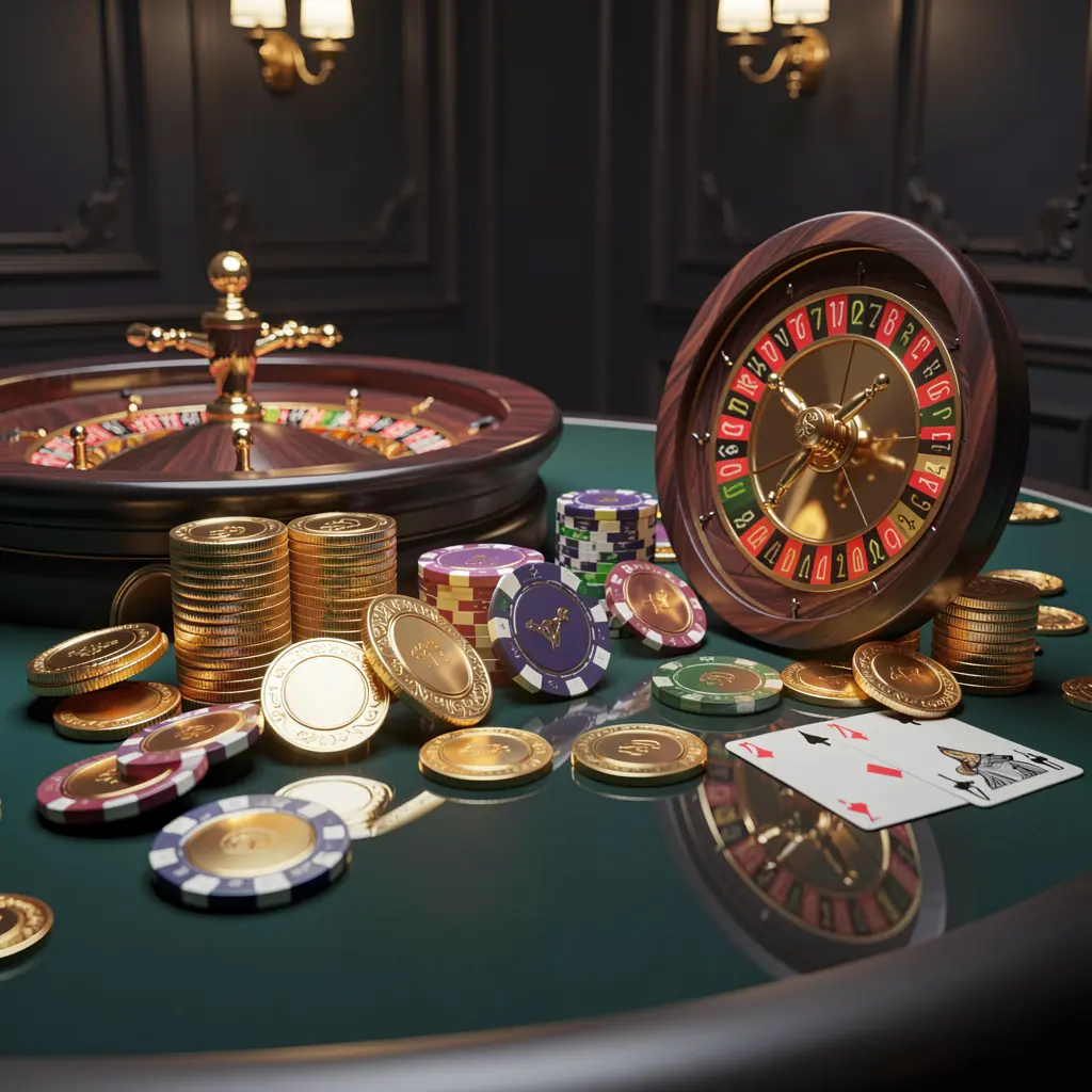 Premium online casino scene by Bhagya88 featuring golden coins, glowing chips, a roulette wheel, and playing cards on a glossy table with an elegant dark background